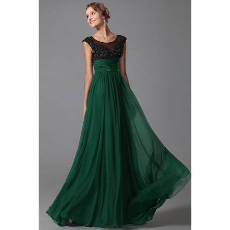 Nové přitažlivé krásné tmavě zelené společenské šaty s černým krajkovým topem, kloboučkovými rukávky a antickým pasem