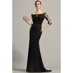 Společenské velmi elegantní dlouhé černé šaty s krajkovým živůtkem zdobeným jemnými kamínky a vlečkou