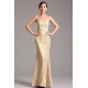 Celokrajkové elegantní béžovo- zlaté jednoduché úzké šaty bez ramínek