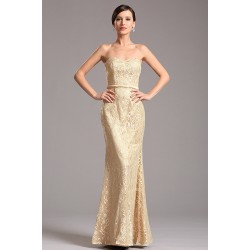 Celokrajkové elegantní béžovo- zlaté jednoduché úzké šaty bez ramínek