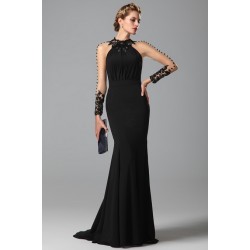 Ojedinělé večerní dech beroucí luxusní černé šaty s krajkovou dekorací a mašličkou na zádech 