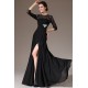 Nové velmi elegantní a krásné černé večerní šaty s 3/4 rukávem, krajkou a kamínkovou broží