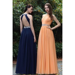 Společenské nádherné oranžové nebo tmavě modré šaty s antickým kamínky zdobeným zapínáním za krk a otevřenými zády