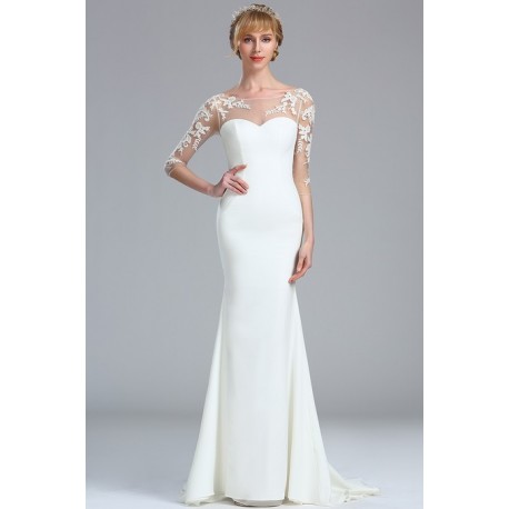 Svatební bílé úzké velicé svůdné šaty s dlouhým tylovým krajkovou květinovou aplikací zdobeným rukávem