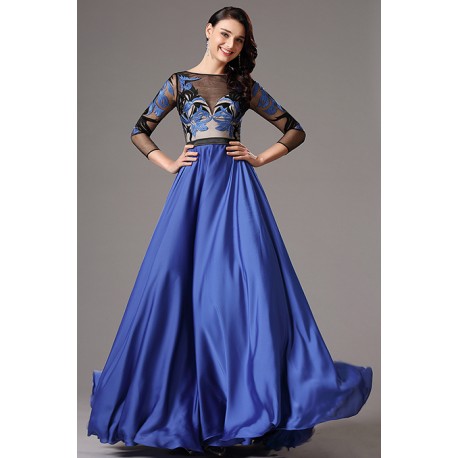 Nádherné společenské královky modré šaty s dlouhým rukávem a černo modrým tylovým krajkovou výšivkou zdobeným vrškem