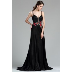 Nové velice krásné sněhurkovské plesové dlouhé černé šaty s květinovou výšivkou v pase a úzkými ramínky