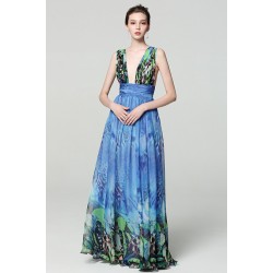 Společenské dlouhé modré nádherné šaty s potiskem motýlých křídel