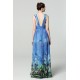 Společenské dlouhé modré nádherné šaty s potiskem motýlých křídel