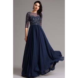 Tmavě modré nádherné dlouhé šaty s luxusně kamínky zdobeným živůtkem 