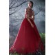 Plesové překrásné červené dlouhé šaty s kamínky zdobeným topem, dlouhým rukávem a objemnou sukýnkou