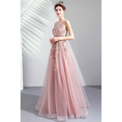 Překrásné plesové dlouhé světle růžové šaty s krajkovou výšivkou,kamínky zdobeným topem a vintage šněrováním