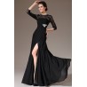 Nové velmi elegantní a krásné černé večerní šaty s 3/4 rukávem, krajkou a kamínkovou broží