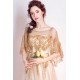 Noblesní nádherné společenské zlaté šaty krajkou a kamínky zdobeným topem, volnými rukávky a páskem