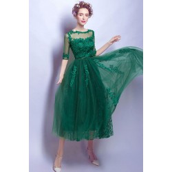 Společenské krásné celokrajkové šik zelené šaty s krajkovou výšivkou zdobeným topem a polodlouhým rukávem 
