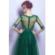 Společenské krásné celokrajkové šik zelené šaty s krajkovou výšivkou zdobeným topem a polodlouhým rukávem 