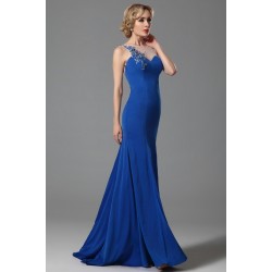 Společenské nádherné nové elegantní modré šaty s krajkovou výšivkou na průsvitném topu